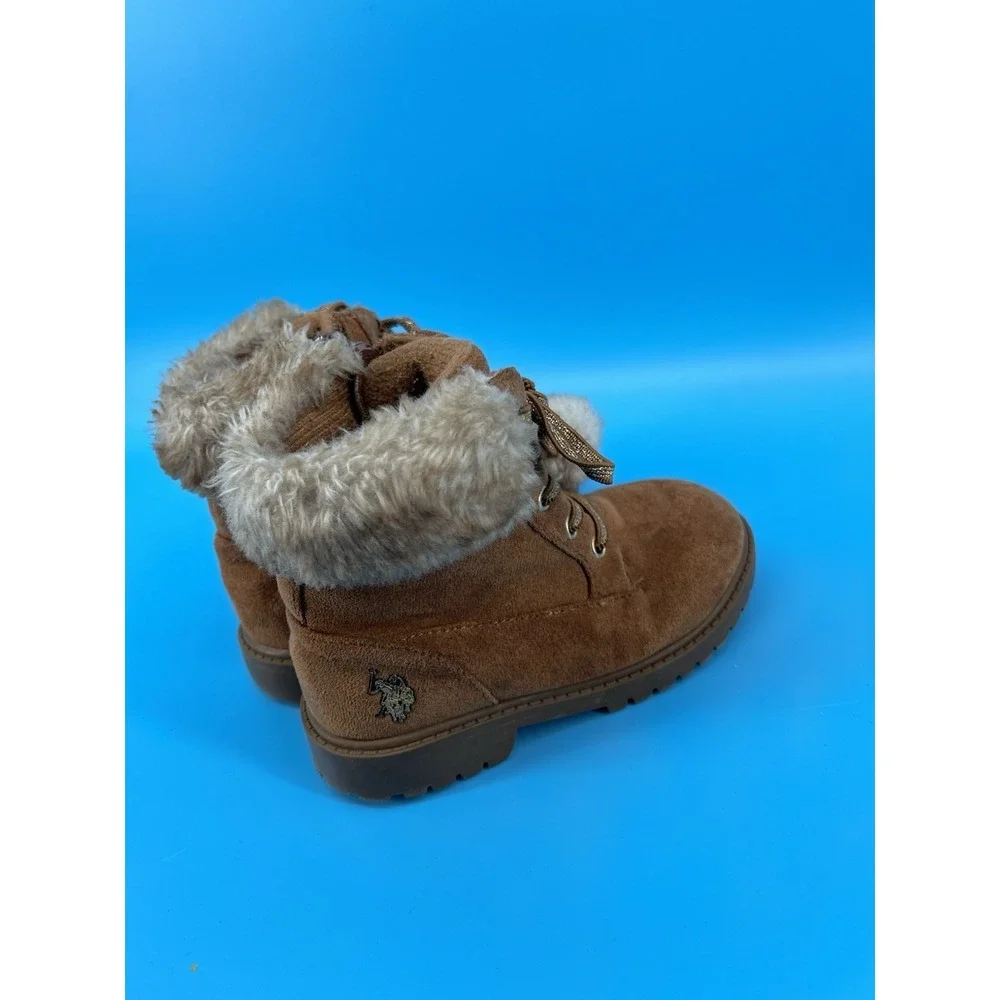 U.S. Polo Assn Girls Winter Boots Brown Faux Fur Lace Up Size 10C Toddler
